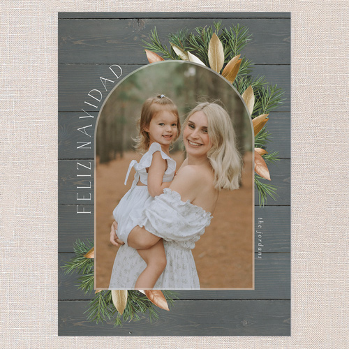 Floral Arched Frame Holiday Card, Grey, 5x7 Flat, Feliz Navidad, 100% Recycled Cardstock , Square