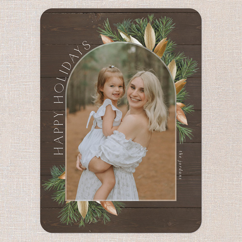 Floral Arched Frame Holiday Card, Brown, 5x7 Flat, Holiday, Pearl Shimmer Cardstock, Rounded