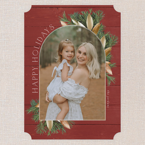 Floral Arched Frame Holiday Card, Red, 5x7 Flat, Holiday, Pearl Shimmer Cardstock, Ticket