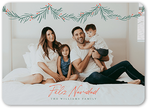 Holly Garland Holiday Card, Red, 5x7 Flat, Feliz Navidad, Matte, Signature Smooth Cardstock, Rounded, Tomato