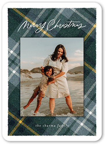 Plaid Photo Frame Holiday Card, Blue, 5x7 Flat, Christmas, Pearl Shimmer Cardstock, Rounded