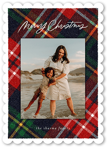 Plaid Photo Frame Holiday Card, Red, 5x7 Flat, Christmas, Matte, Signature Smooth Cardstock, Scallop, White