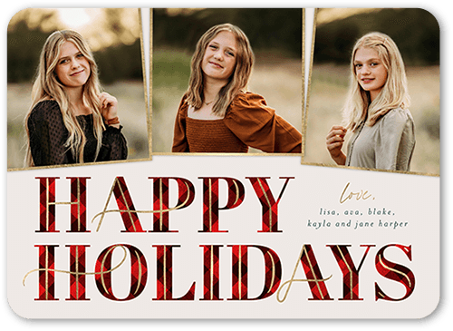 Art Deco Plaid Holiday Card, Red, 5x7 Flat, Holiday, 100% Recycled Cardstock , Rounded, Red