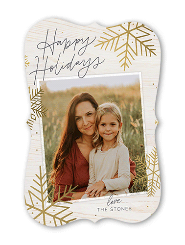 Rustic Foil Snowflakes Holiday Card, Beige, Gold Foil, 5x7 Flat, Holiday, Pearl Shimmer Cardstock, Bracket