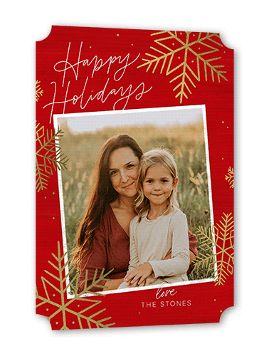Rustic Foil Snowflakes Holiday Card, Red, Gold Foil, 5x7 Flat, Holiday, Pearl Shimmer Cardstock, Ticket