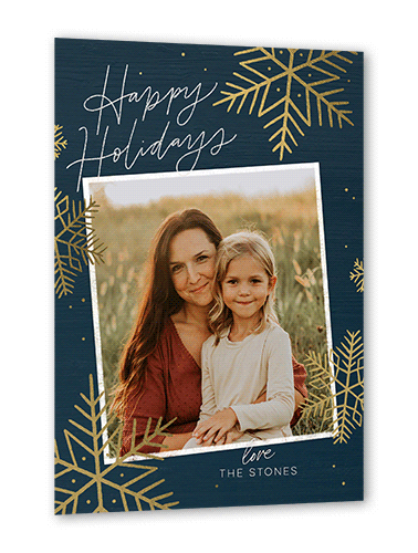 Rustic Foil Snowflakes Holiday Card, Blue, Gold Foil, 5x7 Flat, Holiday, Pearl Shimmer Cardstock, Square, Midnight