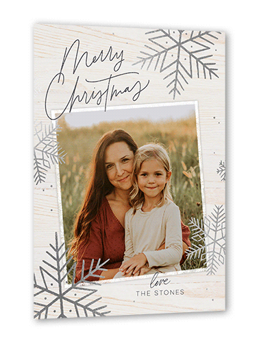 Rustic Foil Snowflakes Holiday Card, Beige, Silver Foil, 5x7, Christmas, Pearl Shimmer Cardstock, Square