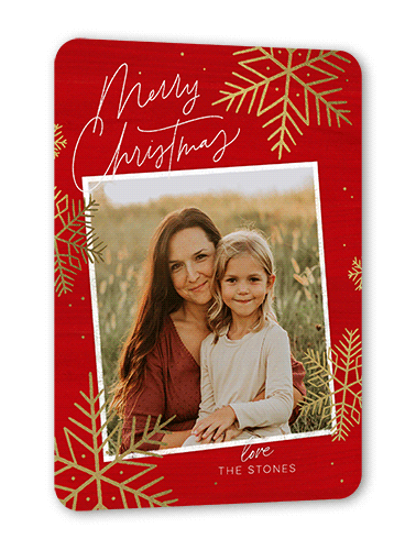 Rustic Foil Snowflakes Holiday Card, Gold Foil, Red, 5x7 Flat, Christmas, Pearl Shimmer Cardstock, Rounded
