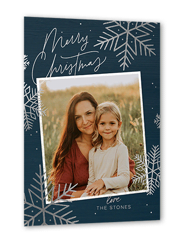 Rustic Foil Snowflakes Holiday Card, Silver Foil, Blue, 5x7 Flat, Christmas, Luxe Double-Thick Cardstock, Square