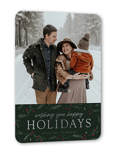 Holly Wishes Holiday Card, Green, Silver Foil, 5x7 Flat, Holiday, Pearl Shimmer Cardstock, Rounded