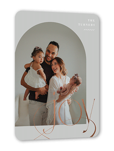 Deco Joy Holiday Card, Grey, Rose Gold Foil, 5x7 Flat, Holiday, Matte, Signature Smooth Cardstock, Rounded, Smoke