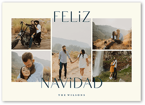 Modern Festive Collage Holiday Card, none, Beige, 5x7 Flat, Feliz Navidad, Pearl Shimmer Cardstock, Square