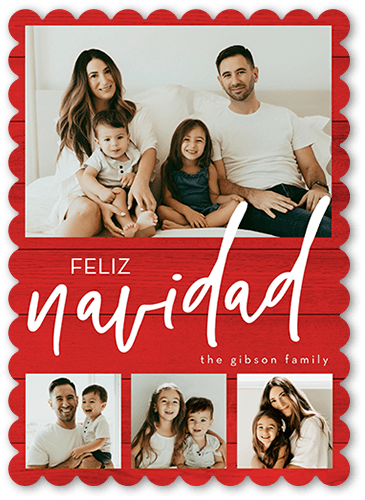 Beautiful Family Holiday Card, Red, 5x7 Flat, Feliz Navidad, Pearl Shimmer Cardstock, Scallop