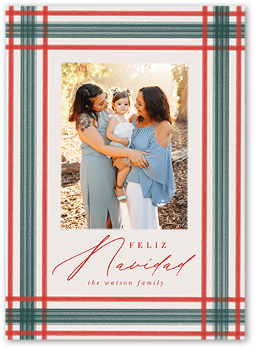 Brushed Plaid Border Holiday Card, Red, 5x7 Flat, Feliz Navidad, Luxe Double-Thick Cardstock, Square