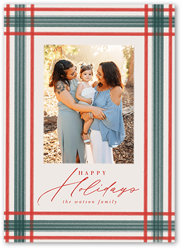 Brushed Plaid Border Holiday Card, Red, 5x7 Flat, Holiday, Matte, Signature Smooth Cardstock, Square, Red