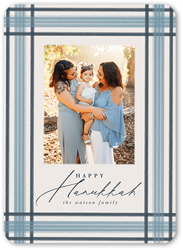 Brushed Plaid Border Holiday Card, Blue, 5x7 Flat, Hanukkah, Matte, Signature Smooth Cardstock, Rounded, Blue Suede