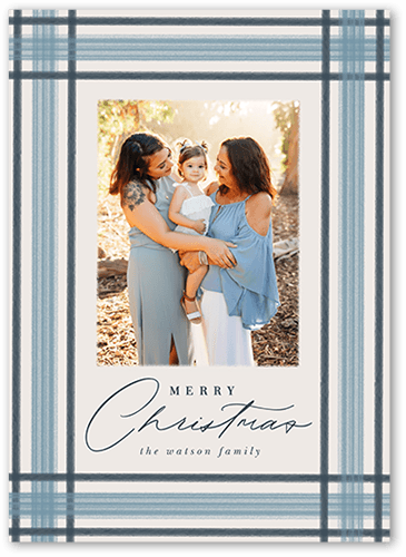 Brushed Plaid Border Holiday Card, Blue, 5x7 Flat, Christmas, Pearl Shimmer Cardstock, Square