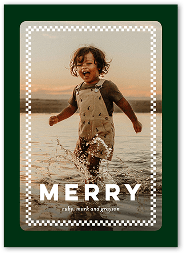 Customizable Checkered Border Holiday Card, Green, 5x7 Flat, Christmas, Matte, Standard Smooth Cardstock, Square, White