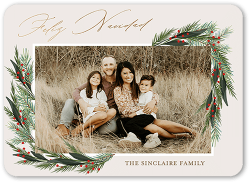 Wintergreen Frame Holiday Card, Beige, 5x7 Flat, Feliz Navidad, 100% Recycled Cardstock , Rounded