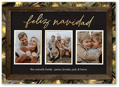 Rustic Evergreen Lights Holiday Card, Grey, 5x7 Flat, Feliz Navidad, Luxe Double-Thick Cardstock, Square