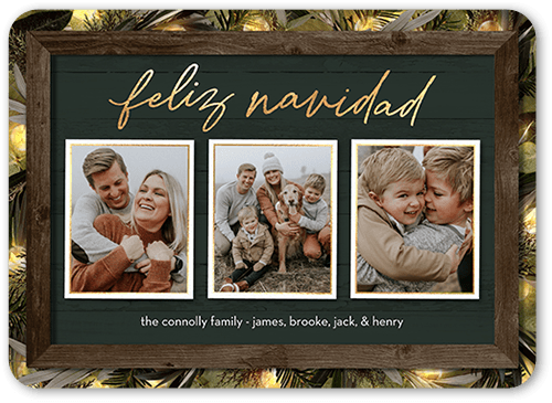 Rustic Evergreen Lights Holiday Card, Green, 5x7 Flat, Feliz Navidad, Standard Smooth Cardstock, Rounded, Spruce