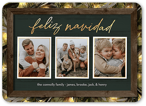 Rustic Evergreen Lights Holiday Card, Green, 5x7 Flat, Feliz Navidad, Pearl Shimmer Cardstock, Rounded