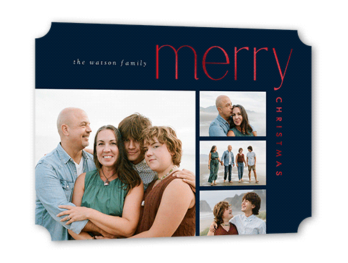 Contemporary Foil Stamped Holiday Card, Red Foil, Blue, 5x7 Flat, Christmas, Pearl Shimmer Cardstock, Ticket