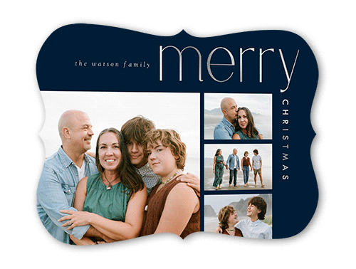 Contemporary Foil Stamped Holiday Card, Blue, Silver Foil, 5x7, Christmas, Pearl Shimmer Cardstock, Bracket