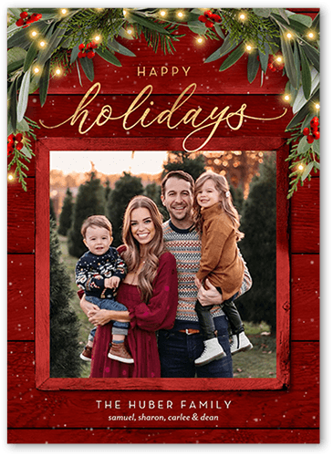 Wreath Topped Holiday Card, Red, 5x7 Flat, Holiday, 100% Recycled Cardstock , Square