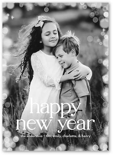 Confetti Bokeh Holiday Card, none, White, 5x7 Flat, New Year, Pearl Shimmer Cardstock, Square, White