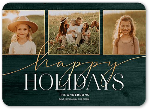 Elegant Accents Holiday Card, Green, 5x7 Flat, Holiday, Pearl Shimmer Cardstock, Rounded, Seaweed