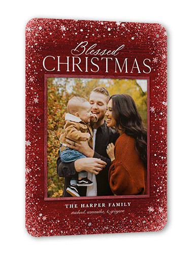 Snowflake Foil Stamped Holiday Card, Red, Silver Foil, 5x7 Flat, Religious, Pearl Shimmer Cardstock, Rounded, Spanish Red