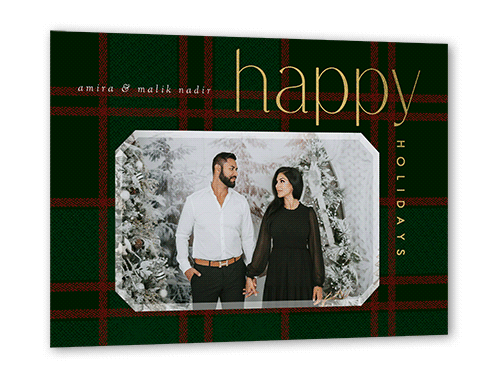 Plaid Elegance Holiday Card, Gold Foil, Green, 5x7, Holiday, Luxe Double-Thick Cardstock, Square