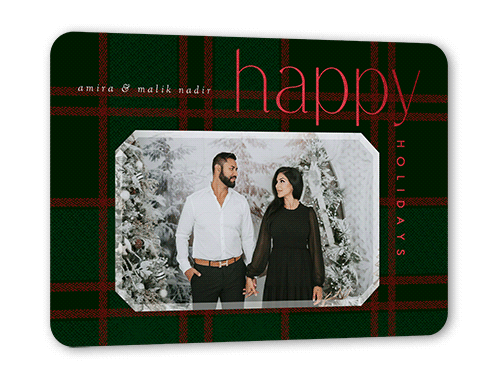 Plaid Elegance Holiday Card, Green, Red Foil, 5x7 Flat, Holiday, Pearl Shimmer Cardstock, Rounded