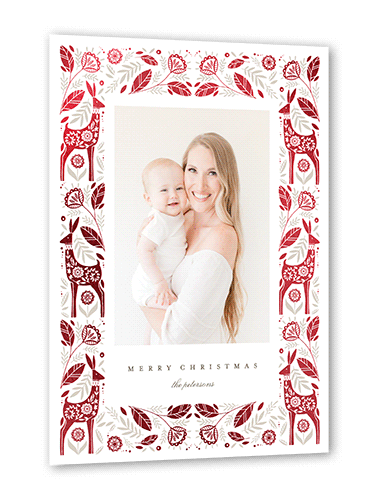 Woodland Border Holiday Card, Red Foil, White, 5x7 Flat, Christmas, Pearl Shimmer Cardstock, Square