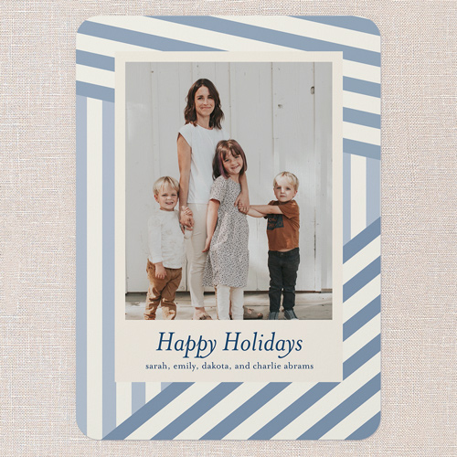 Slanted Stripes Holiday Card, Blue, 5x7 Flat, Holiday, Pearl Shimmer Cardstock, Rounded, Feather