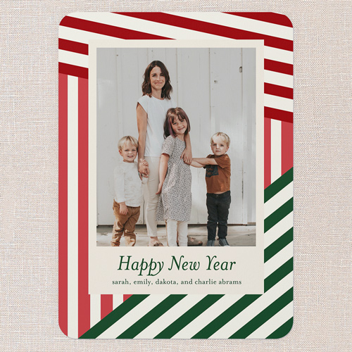 Slanted Stripes Holiday Card, Red, 5x7 Flat, New Year, Pearl Shimmer Cardstock, Rounded, Red
