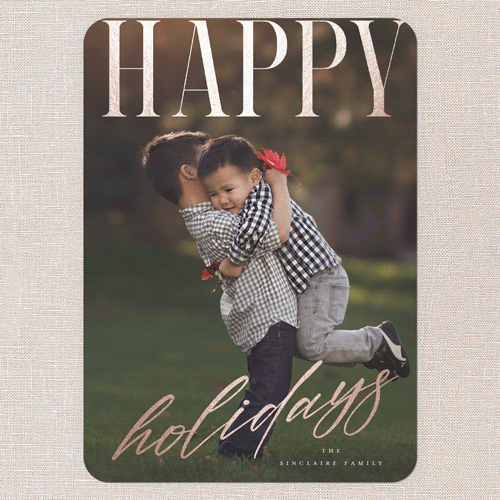 Satin Sentiments Holiday Card, White, Rose Gold Foil, 5x7 Flat, Holiday, Pearl Shimmer Cardstock, Rounded, White