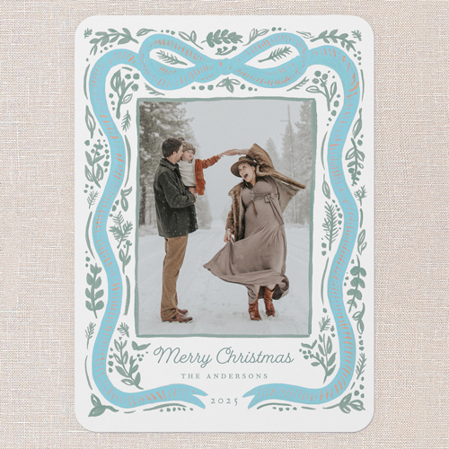 Vintage Bow Holiday Card, Blue, 5x7 Flat, Christmas, 100% Recycled Cardstock , Rounded, Feather