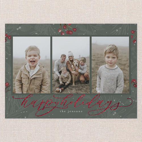 Filigree Festivity Holiday Card, Green, Red Foil, 5x7 Flat, Holiday, Pearl Shimmer Cardstock, Square, Rosemary