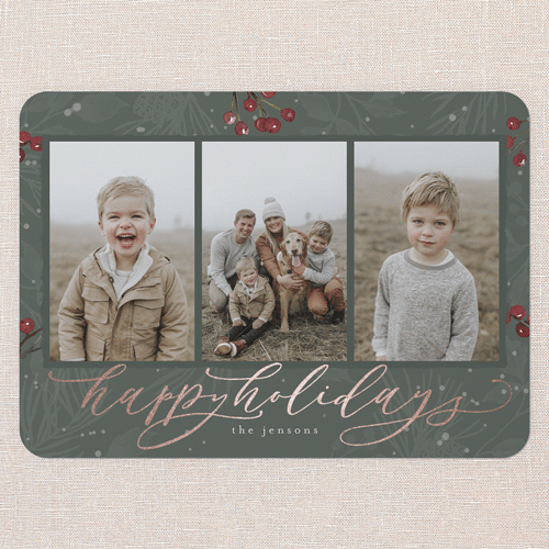 Filigree Festivity Holiday Card, Rose Gold Foil, Green, 5x7 Flat, Holiday, Pearl Shimmer Cardstock, Rounded, Rosemary