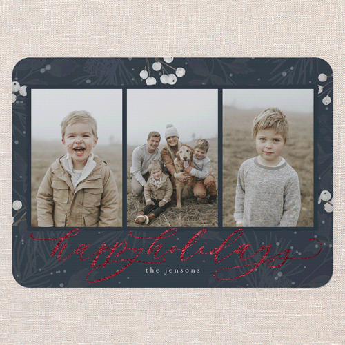 Filigree Festivity Holiday Card, Blue, Red Foil, 5x7 Flat, Holiday, Pearl Shimmer Cardstock, Rounded, Navy