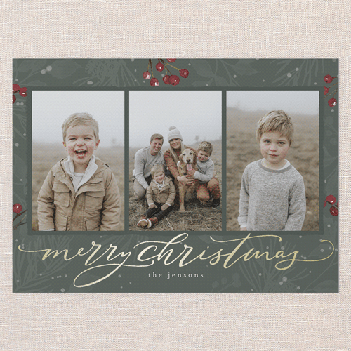 Filigree Festivity Holiday Card, Green, Gold Foil, 5x7 Flat, Christmas, Pearl Shimmer Cardstock, Square, Rosemary