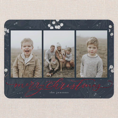 Filigree Festivity Holiday Card, Blue, Red Foil, 5x7 Flat, Christmas, Pearl Shimmer Cardstock, Rounded, Navy