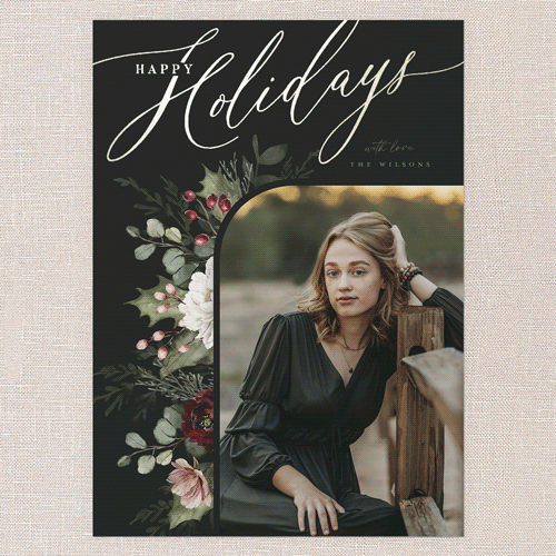 Botanical Elegance Holiday Card, Black, Gold Foil, 5x7 Flat, Holiday, Luxe Double-Thick Cardstock, Square, Black