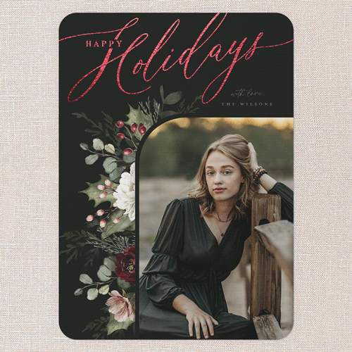 Botanical Elegance Holiday Card, Black, Red Foil, 5x7 Flat, Holiday, Matte, Signature Smooth Cardstock, Rounded, Black