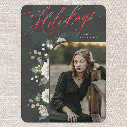 Botanical Elegance Holiday Card, Green, Red Foil, 5x7 Flat, Holiday, Pearl Shimmer Cardstock, Rounded, Evergreen