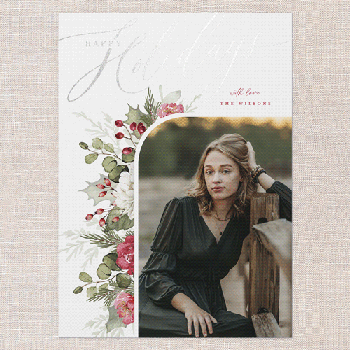 Botanical Elegance Holiday Card, White, Silver Foil, 5x7 Flat, Holiday, Pearl Shimmer Cardstock, Square, White