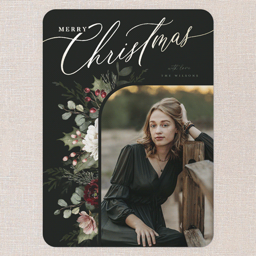 Botanical Elegance Holiday Card, Black, Gold Foil, 5x7 Flat, Christmas, Matte, Signature Smooth Cardstock, Rounded, Black