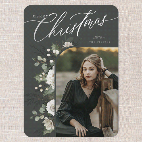 Botanical Elegance Holiday Card, Green, Silver Foil, 5x7 Flat, Christmas, Pearl Shimmer Cardstock, Rounded, Evergreen